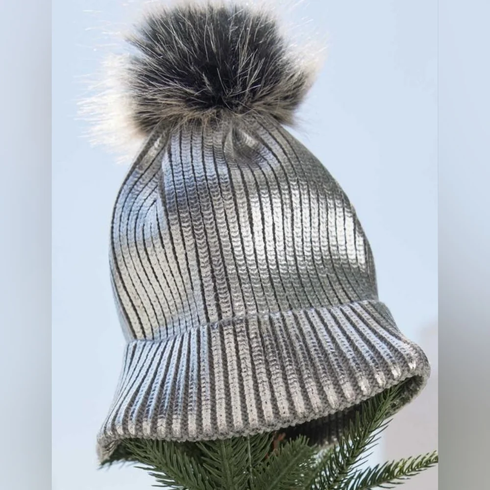 NWT $25 Retail Aerie Metallic Knit Beanie One Size Shiny Silver Pom Pom